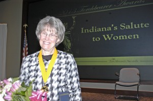 Sister Jeanne Hagelskamp after accepting the Torchbearer Award from the Indiana Commission for Women on Wednesday.