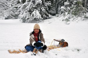 Sister Evelyn Ovalles enjoying some time sledding at Saint Mary-of-the-Woods