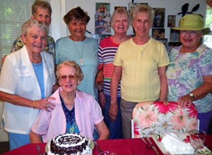 Celebrating Sister Margaret Louise's recover (seated) are Sister Cathy Buster, left, Sister Marianne Ridgell, Sister Ann Paula Pohlman, Sister Mary Ann Leahy, Sister Christine Patrick and Sister Carolyn Glynn.