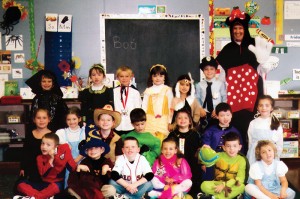 Sister Claire dresses up for Halloween with her students in her previous position as teacher at St. Agnes School in Arlington, Mass.