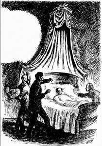 Opening illustration for the story The Facts in the Case of M Valdemar by Edgar Allan Poe from the first issue (April 1926) of the pulp magazine Amazing Stories. (Public domain)