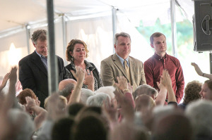 McBride Kelley and Baurer Architects associate Jack Kelley (left), his wife and project manager Geri Kelley and project architect Danny Nelson (far right) with Father Mark Joseph Costello during the prayer service following the grand opening of the Shrine for Saint Mother Theodore Guerin.