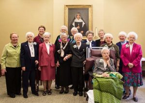 Several Sisters of Providence celebrated Jubilees in December. They were honored at a celebration with the Sisters of Providence General Council. The sisters celebrating Jubilees included (front, seated) Sister Ann Jeanette Gootee, (second row) General Council member Sister Mary Beth Klingel, Sisters Mildred Giesler and Kathryn Koressel, General Superior Sister Denise Wilkinson, and Sisters Dorothy Hucksoll, Miriam Clare Stoll, Marie Victoria Podesta, Florence Norton and Kathleen Mary Gay, (back) General Council member Sister Dawn Tomaszewski, Sister Anne Krause, and General Council members Sister Lisa Stallings and Sister Jenny Howard.