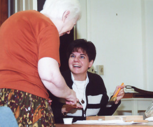 Here's Sister Regina in one of those first photos I took of her. In this photo taken three days after she entered the postulancy in September 2001, Regina is working on a craft project under the instruction of Sister Rose Michele Boudreau (RIP).