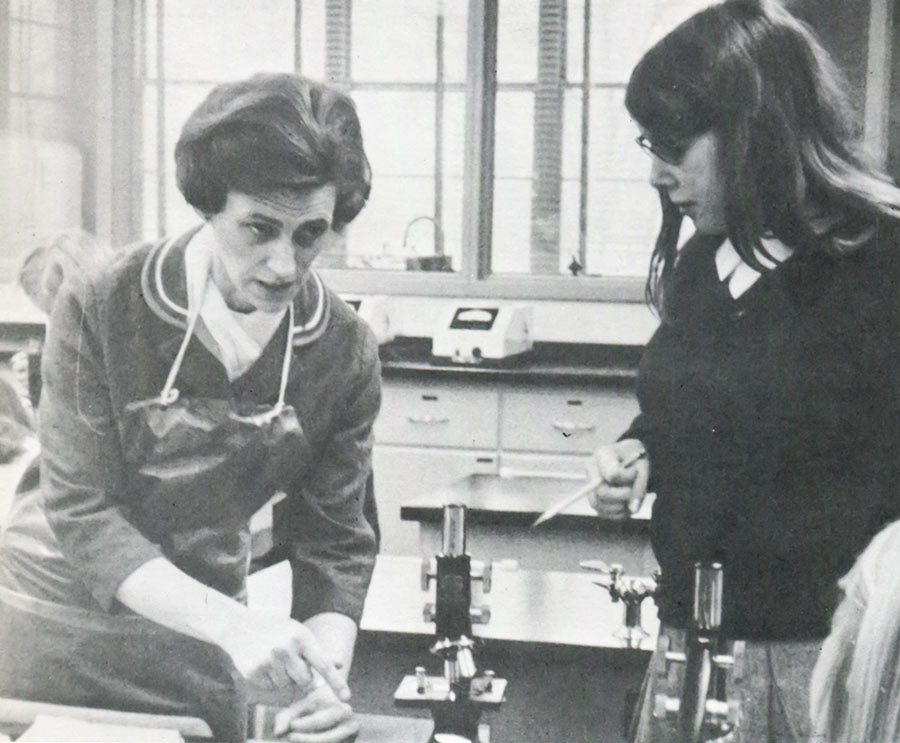 Sister Helen Vinton works with a student in the science lab at Ladywood-St. Agnes School in 1970.
