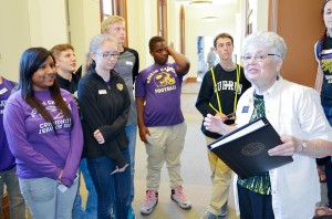 Sister Rosemary Nudd leads a tour for students from Guerin Catholic High School in Noblesville, Indiana.