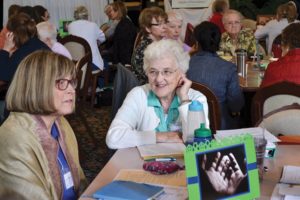 Sister Janice Smith, left, and Sister Patty Fillenwarth during table discussion at Chapter.