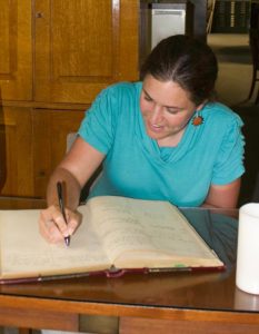 Emily officially signing in on the official Sisters of Providence register in the archives department.