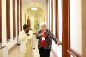 Providence Associate Candidate Sarian Bouma and her sister companion Sister Marie McCarthy walk and talk.