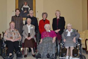 Sisters of Providence 75-year Jubilarians Sister Marie David Schroeder (second in front), along with Sister Eileen Clare Goetzen (third in front) and Sister Agnes Eugene Cordak (front, far right) were honored on Dec. 8, during the annual Senior Jubilee Celebration. They were joined by the General Council, including Sister Mary Beth Klingel (front, left), Sister Dawn Tomaszewski (back, from left), Sister Lisa Stallings, Sister Jeanne Hagelskamp, and Sister Jenny Howard.