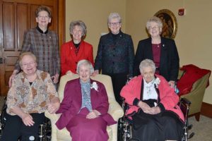 Sisters of Providence 80-year Jubilarians Sister Charles Ellen Turk (front, middle) and Sister Mary Michael Lager (front, right) were honored on Dec. 8, during the annual Senior Jubilee Celebration. They were joined by the General Council, including Sister Mary Beth Klingel (front, left), Sister Dawn Tomaszewski (back, from left), Sister Jeanne Hagelskamp, Sister Lisa Stallings and Sister Jenny Howard.
