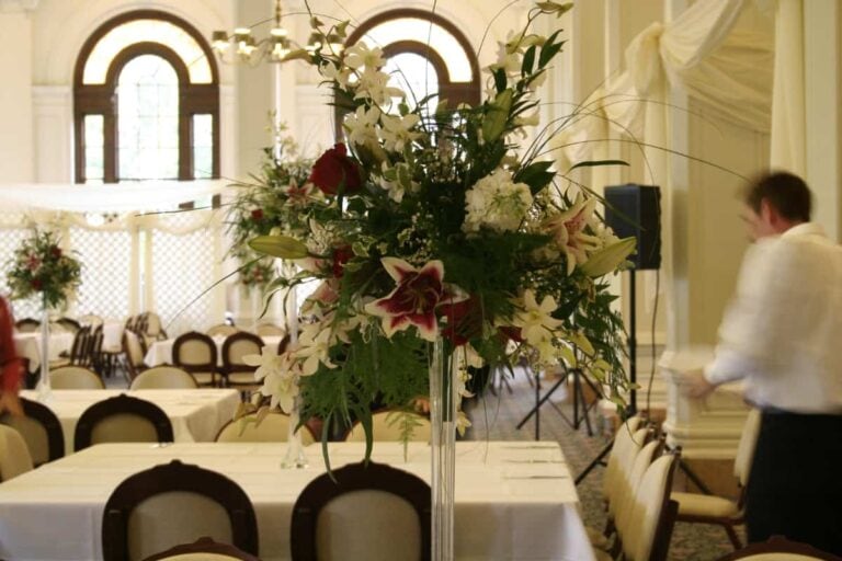 A flower arrangement on a table in O'Shaughnessy Hall