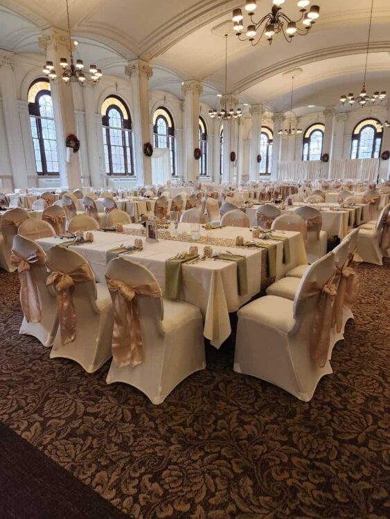 Decorated tables and chairs in O'Shaughnessy
