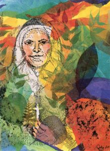 Art of Saint Mother Theodore Guerin in Woods setting by Sister Jody O'Neil, SP. Used with permission.