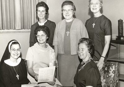 1970 — Special Chapter required by Rome for all religious Congregations. 1st row: Sisters Mary Pius (RIP), Maureen Loonam and Marie Kevin Tighe; 2nd row: Sisters Rita Clare Gerardot, Bernice Kuper and Miriam Gunning (RIP) 