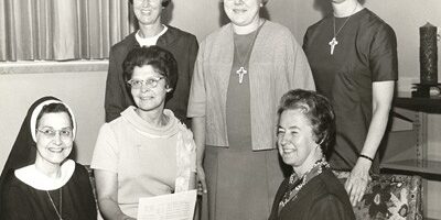1970 — Special Chapter required by Rome for all religious Congregations. 1st row: Sisters Mary Pius (RIP), Maureen Loonam and Marie Kevin Tighe; 2nd row: Sisters Rita Clare Gerardot, Bernice Kuper and Miriam Gunning (RIP) 