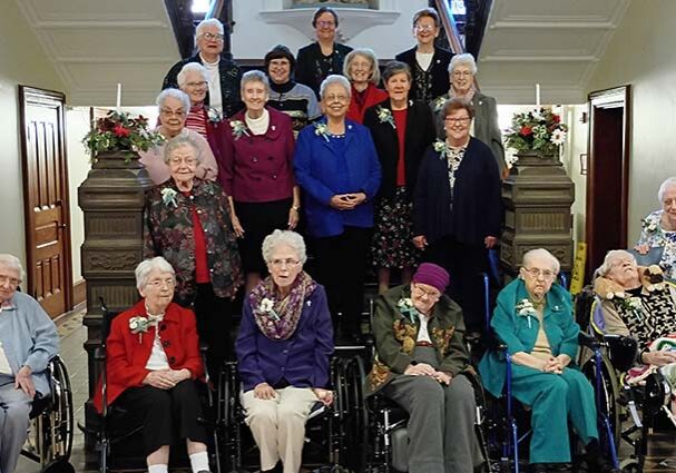 The 2025 Sisters of Providence Senior Jubilarians included (front, from left) Sister Dorothy Ellen Wolsiffer, Sister Margaret Quinlan, Sister Ann-Margaret O'Hara, Sister Suzanne Dailey, Sister Mary Ann Phelan, Sister Eileen Rose Bonner and Sister Ruth Johnson, (second row) Sister Alice Ann Rhinesmith, (third row) Sister Ann Matilda Holloran and Sister Mary Ann Stewart, (fourth row) Sister Jean Fuqua, Sister Claire Hanson, Sister Martha Rojo, Sister Betty Paul and Sister Kathleen Leonard, (fifth row) General Councilor Sister Laura Parker, General Councilor Sister Carole Kimes and Vicar/General Treasurer Sister Jeanne Hagelskamp, along with (back row) General Councilor Sister Anne Therese Falkenstein and General Superior Sister Dawn Tomaszewski. Not photographed: Sister Josephine Bryan.