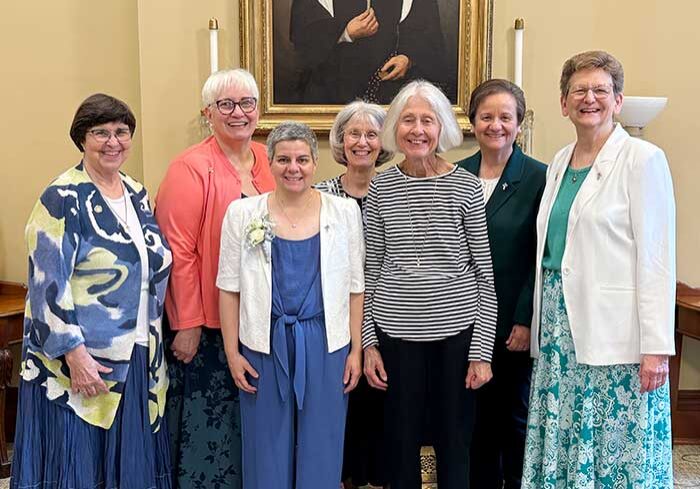 General Councilors (back, from left) Sister Carole Kimes and Sister Laura Parker with Vicar/General Treasurer Sister Jeanne Hagelskamp and General Councilor Sister Anne Therese Falkenstein with (front, from left) Sister Regina Gallo, Sister Becky Keller and General Superior Sister Dawn Tomaszewski.