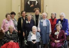 The 2023 75-year Jubilarians included (front row, from left) Sister Laurette Bellamy, Sister Grace Marie Meehan and Sister Eileen Dede, (middle) Sister Dorothy Gartland, Sister Jane Michael Dwyer, Sister Joan Mary Schaefer and Sister James Michael Kesterson. They are photographed with (back) General Councilors Sister Carole Kimes, Sister Anne Therese Falkenstein, General Superior Sister Dawn Tomaszewski and Vicar Sister Jeanne Hagelskamp. Not photographed: General Councilor Sister Laura Parker.