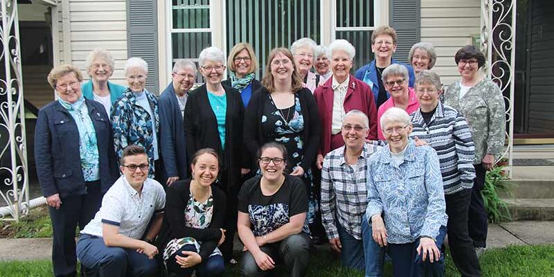 Sister Arrainne Whittaker, SP, DO, recently graduated from Marian University. Joining her in the celebration were (front, from left) Sisters Corbin Hannah, Tracey Horan, Emily TeKolste, Barbara Battista and Susan Dinnin, along with (back) Sisters Mary Ann Stewart, Jenny Howard, Connie Kramer, Donna Butler, Marsha Speth, Janice Smith, Arrainne, Marilyn Herber, Mary Kay Duffy, Barbara Reder, Dawn Tomaszewski, Beth Wright, Jeanne Hagelskamp, Patty Wallace and Carole Kimes.