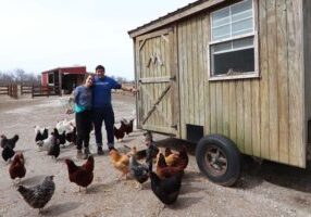 Students from Creighton University who attended the 2019 Alternative Spring Break pose with chickens at White Violet Center for Eco-Justice.