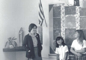 Sister Anne Therese Falkenstein, who currently ministers as a General Officer, began her teaching career at Saint Anthony of Padua in Gardena, California, where she ministered from 1982-87. Here she is photographed with students at the school.