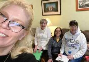 A group of associates and sisters gathered in the Indianapolis area to participate virtually together! From left: Adrienne Bates Brown, candidate-associates Sheila Lauck, Catherine Dearing and Kathy Newport.