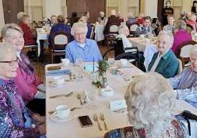 (Clockwise, from left) Sister Betty Hopf, Sister Jody O'Neil, Sister Kay Manley, Sister Noralee Keefe and Sister Carol Nolan enjoy conversation prior to the 2021 Jubilee Luncheon.