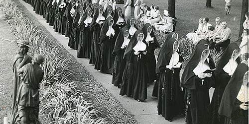 This photo, taken in July 1959, shows the Sisters of Providence during the Saint Anne Procession.