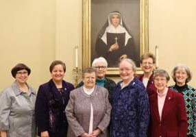 Sisters of Providence celebrating 60 years with the Congregation include (front, from left) Sister Therese Whitsett, Sister Martha Joseph Wessel and Sister Marilyn Baker. They are with the General Council, including (back, from left) Sister Carole Kimes, Sister Anne Therese Falkenstein, Sister Laura Parker, General Superior Sister Dawn Tomaszewski and Vicar Sister Jeanne Hagelskamp.