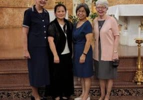 General Superior Sister Dawn Tomaszewski (from left) joined Sister Leslie Dao as she entered the novitiate on Sunday, August 14, 2022, along with Sister Norene Wu and Sister Marsha Speth. 