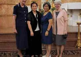 General Superior Sister Dawn Tomaszewski (from left) joined Sister Leslie Dao as she entered the novitiate on Sunday, August 14, 2022, along with Sister Norene Wu and Sister Marsha Speth. 