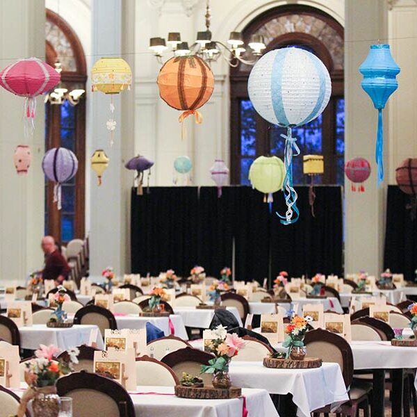 O'Shaughnessy Dining Room venue decorated for a special event with colorful lanterns.