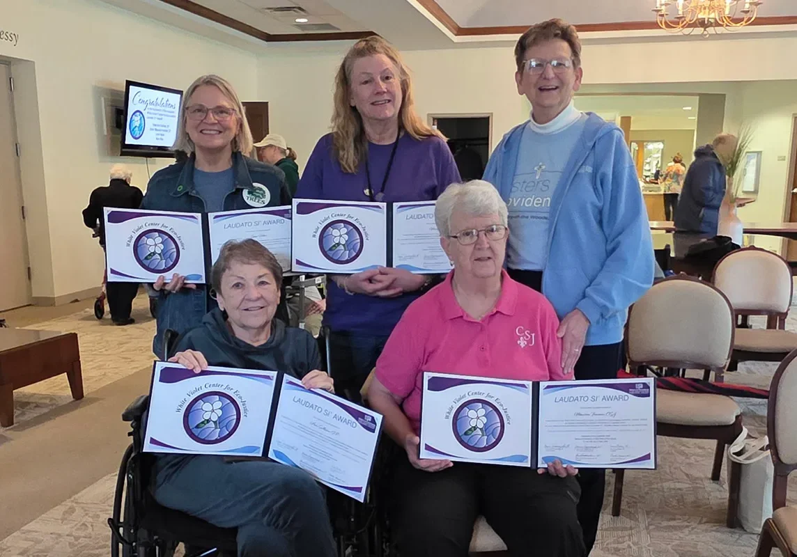 Honorees included (front, from left0 Sister Ann Sullivan, SP, Sister Maureen Freeman, CSJ, (back), Lorrie Heber and Mary Riley, along with General Superior Sister Dawn Tomaszewski.