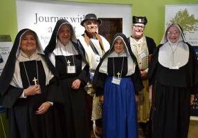 2015: Sister Rosemary Nudd as Saint Mother Theodore Guerin (from left), Sister Ann Casper as Sister Mary Cecilia Bailly, Carl Bender as Joseph Thralls, Sister Rita Clare Gerardot as Sister Olympiade Boyer, Providence AssociateCharles Fischer as Father Buteux and Sister Martha Wessel as Mother Mary Cleophas Foley.