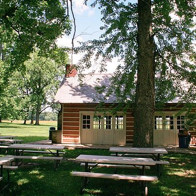 Lodge and picnic tables