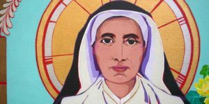 colorful portrait painting of Mother Theodore with halo