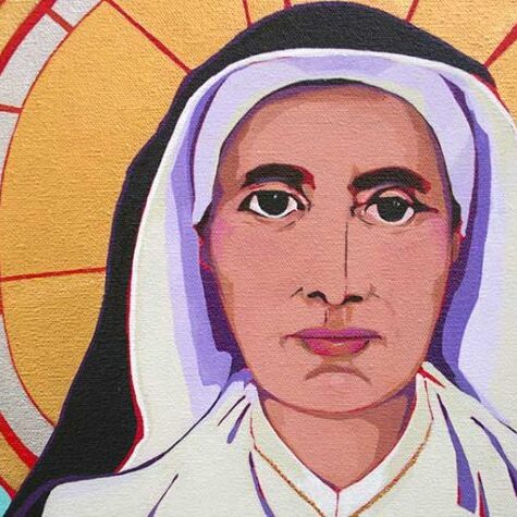 colorful portrait painting of Mother Theodore with halo