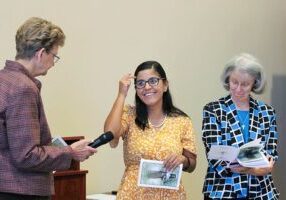 Stephanie is welcomed by General Superior Sister Dawn Tomaszewski and General Officer Sister Jeanne Hagelskamp.